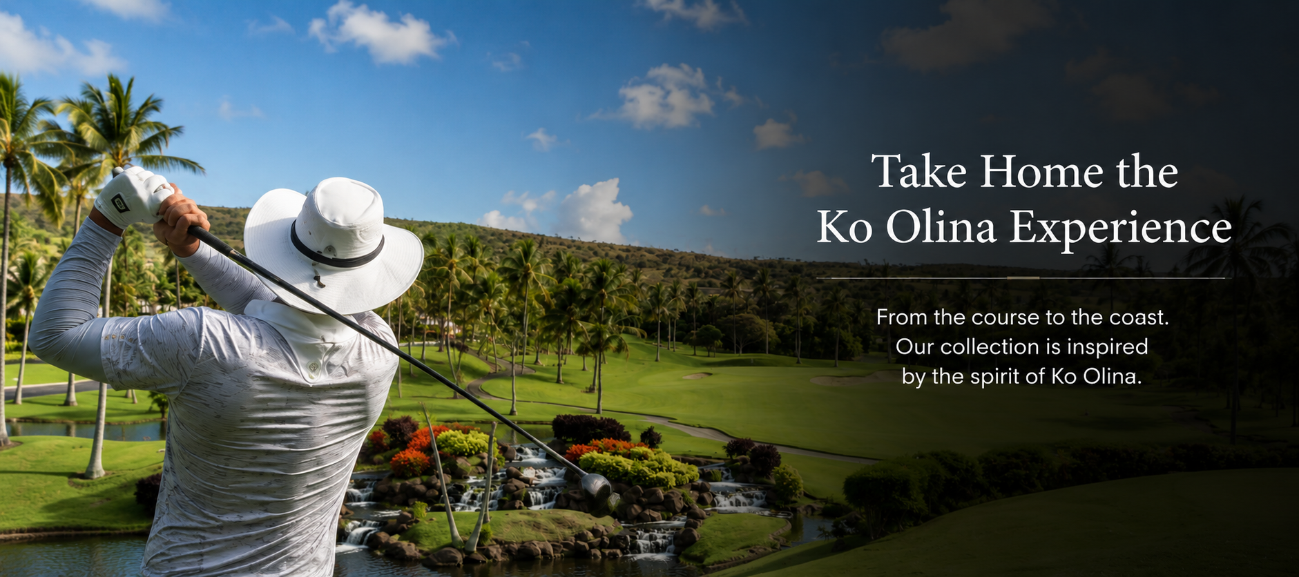 Golfer on a golf course with scenic background and promotional text.